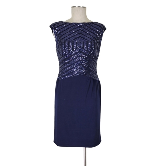 Lauren Ralph Lauren Dress Size 8 Navy Sleeveless Geometric Sequin Bodice Lined - Picture 1 of 11